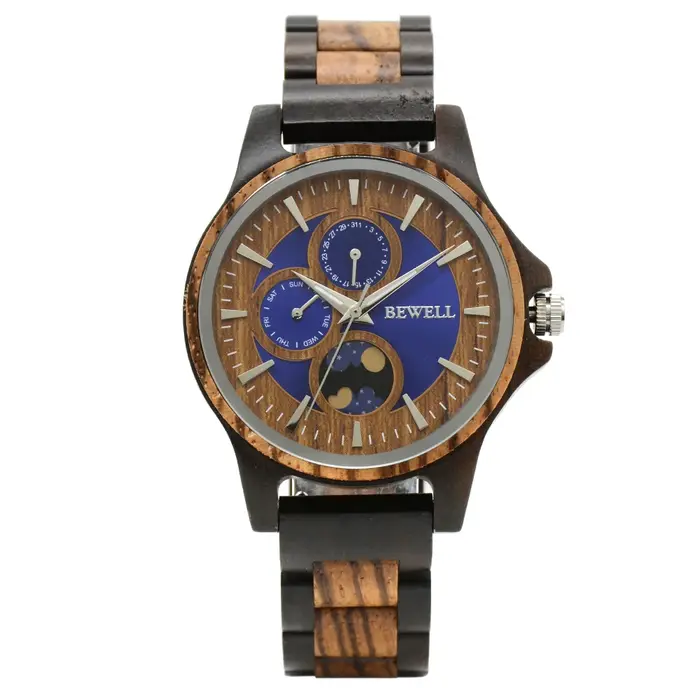 Montre homme luxueuse en bois gravé cadran rond phase de lune lumineuse