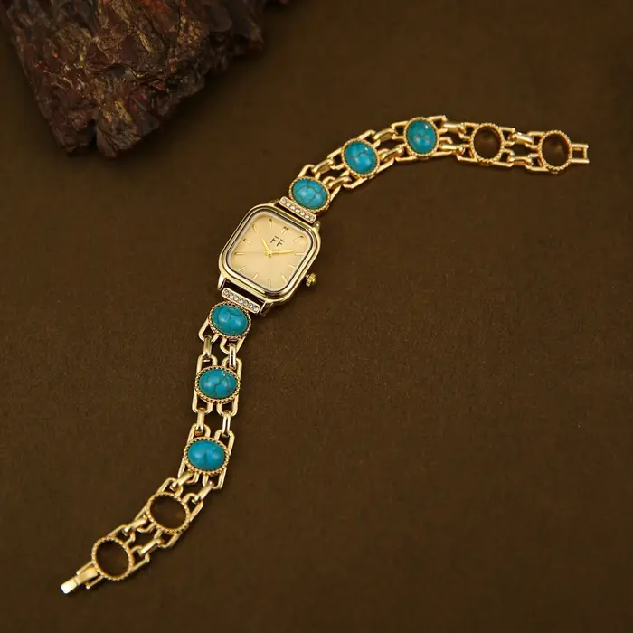Montres pour femmes tendance avec bracelet incrusté de pierres précieuses turquoise artificielles, m