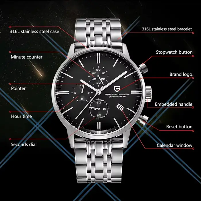 Pagani Design montre chronographe homme japon VK67 Movt étanche multifonctionnel affaires sport
