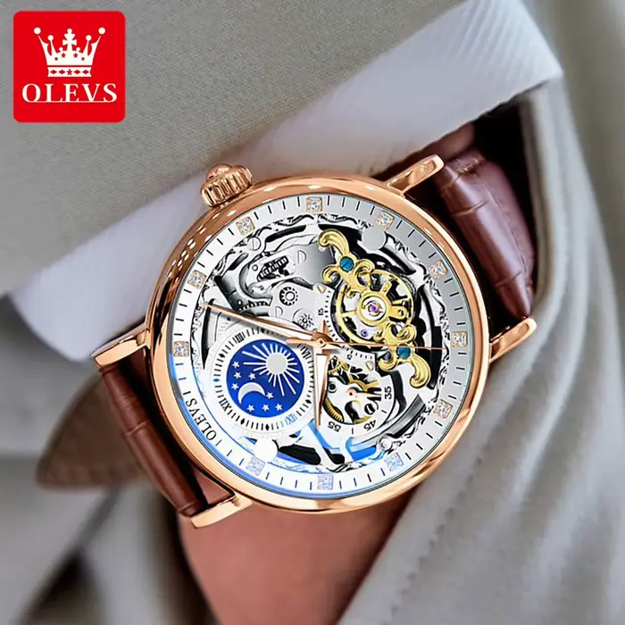 OLEVS Phase de lune montre mécanique hommes avec étanche automatique squelette