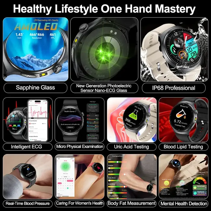 2026New santé Sport ECG AI diagnostic montres intelligentes hommes fréquence cardiaque pression artérielle IP68 étanche