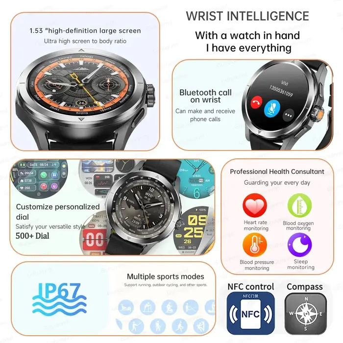 Nouveau pour Xiaomi S4 Ultra Sports de plein air montre intelligente hommes 1.53 pouces AMOLED NFC GPS boussole fréquence cardiaque étanche BT appel Smartwatch