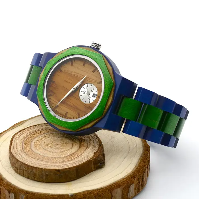 Montre bracelet homme légère en bois style quotidien tendance cadran rond double affichage heure boucle pliable montre artisanale en bois