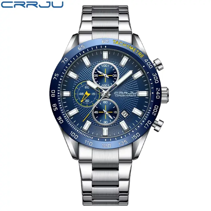 CRRJU – montre-bracelet de sport pour hommes, chronographe, bracelet en acier inoxydable, avec Date 