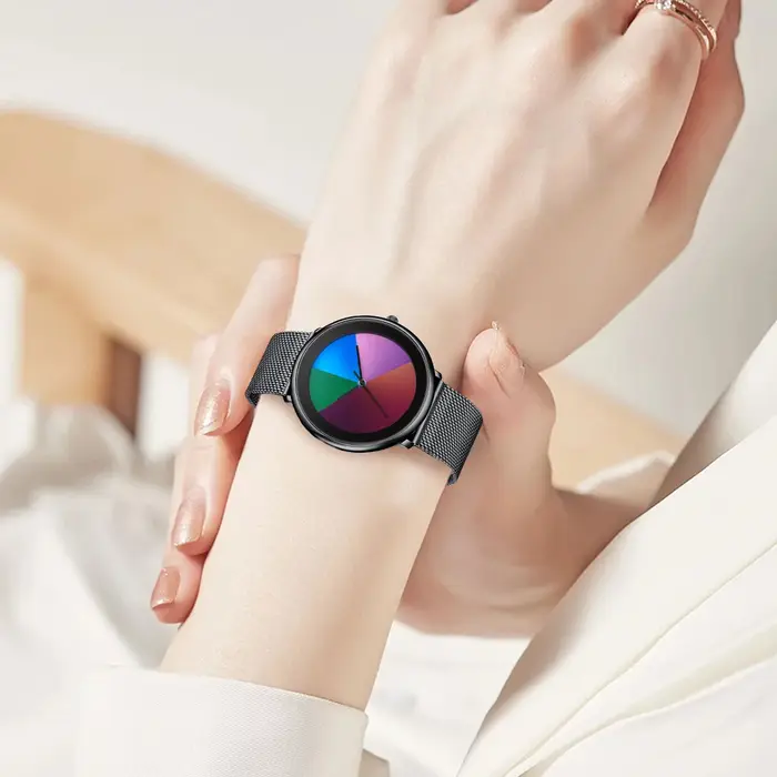 Montre Femme LIGE 2026 Unique, Cadran à Couleurs Changeantes, Montre Décontractée à Rayures, Bracelet en Maille, Étanche, Quartz