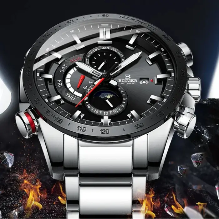 Véritable marque de luxe BINGER hommes montres automatique mécanique lumineux entièrement en acier étanche calendrier de course mâle Phase de lune
