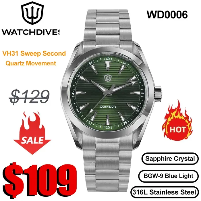 Watchdives WD0006 montre VH31 balayage deuxième mouvement dôme saphir cristal BGW9 lumineux 10Bar étanche 38mm montres Vintage