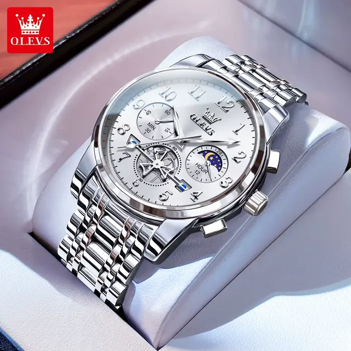 Montre Homme OLEVS 2900 Squelette à Volant Lumineux, Chronographe d'Affaires, Phase de Lune Lumineus