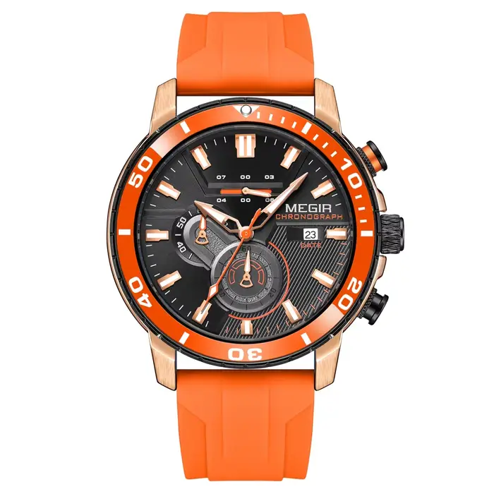 Montre de sport chronographe avec bracelet en silicone orange pour homme