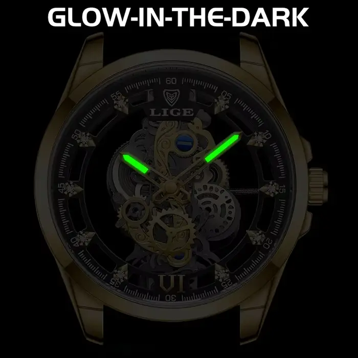 LIGE – montre à Quartz automatique pour hommes, squelette doré, Vintage, marque de luxe, 2026