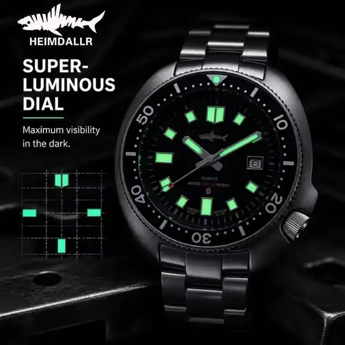 Montre de plongée rétro pour homme HEIMDALLR, bracelet en acier/caoutchouc, étanche 20 bars, lunette en céramique luminescente C3, verre saphir, mouvement à quartz 2115.