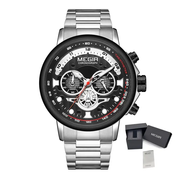 Montres pour hommes MEGIR, montres de luxe en acier inoxydable, étanches, lumineuses, quartz, multif