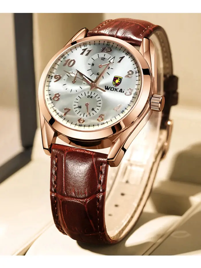 Montre WOKAI de luxe pour homme, boîtier en or rose avec bracelet en cuir marron, design chronograph