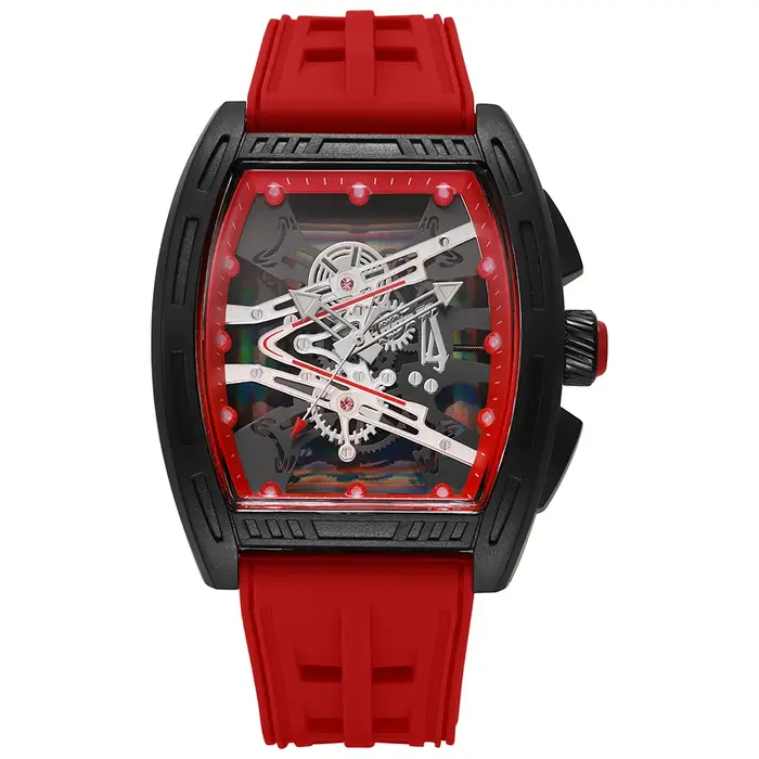 Montre Homme Tonneau Squelette Lumineuse Quartz Cadran Iridescent Bracelet Silicone Sport