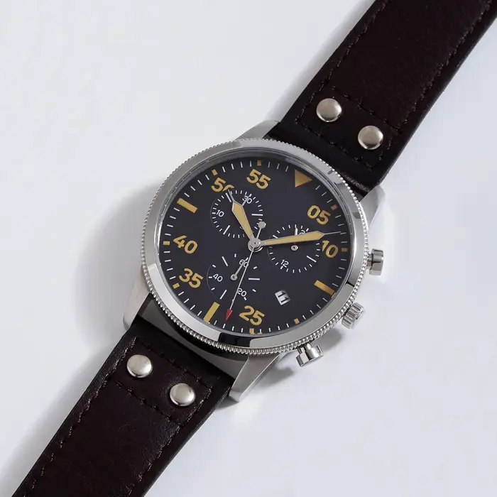 Montre Pilote Vintage Chronographe Mouvement Japonais JS05, Chronomètre, Montre-Bracelet en Acier