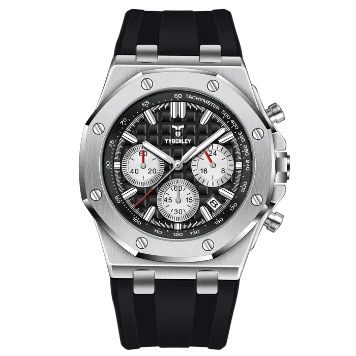 Montre Homme TYBERLEY Classique Style Chêne à Quartz, Design Octogonal, Bracelet en Caoutchouc Lumin