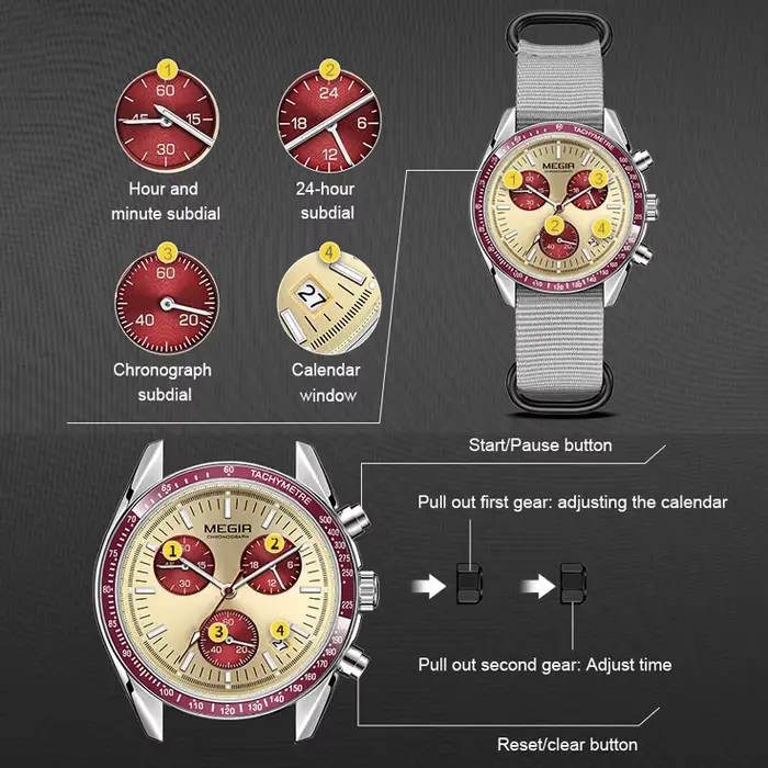 MEGIR nouvelles montres de luxe pour hommes toile tissage bracelet Sport automatique chronographe Qu