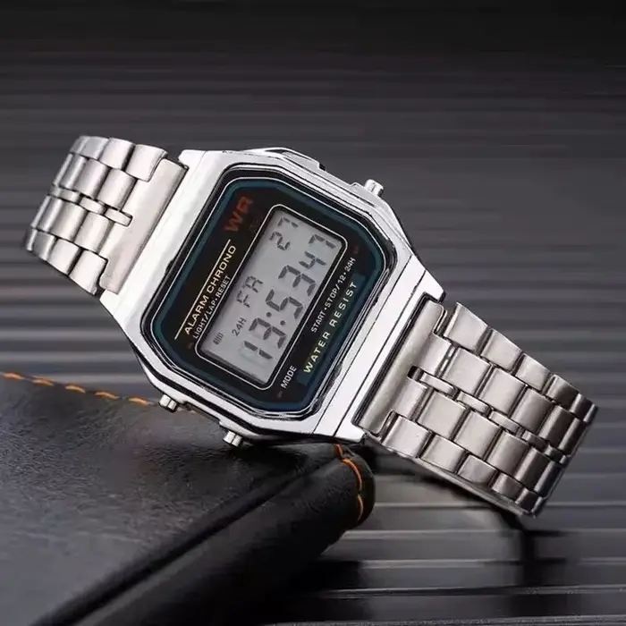 Montre numérique en acier inoxydable pour hommes et femmes, montre électronique de luxe LED or argen