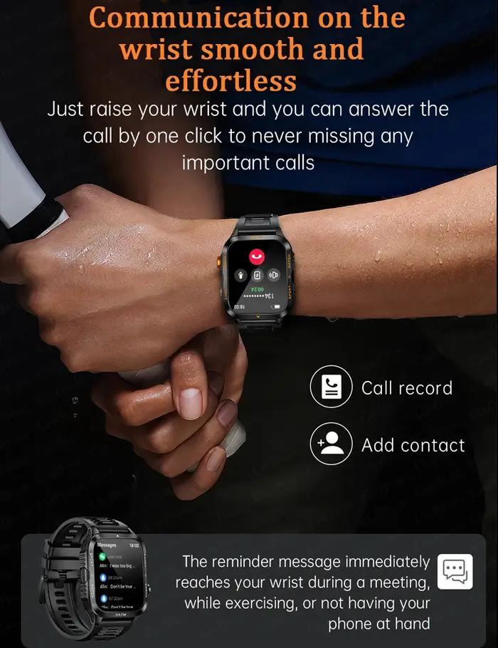 Montre connectée d'extérieur pour hommes, GPS, sport, batterie 800mAh, Bluetooth, appel, santé, écran 1.96 pouces, lampe de poche, étanche 3ATM