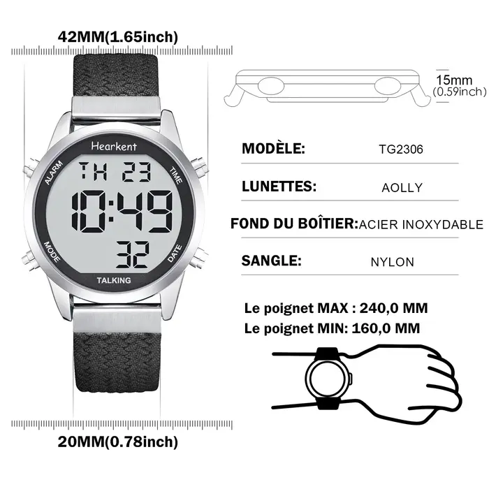 Montre parlante Hearkent en français pour personnes aveugles avec alarme