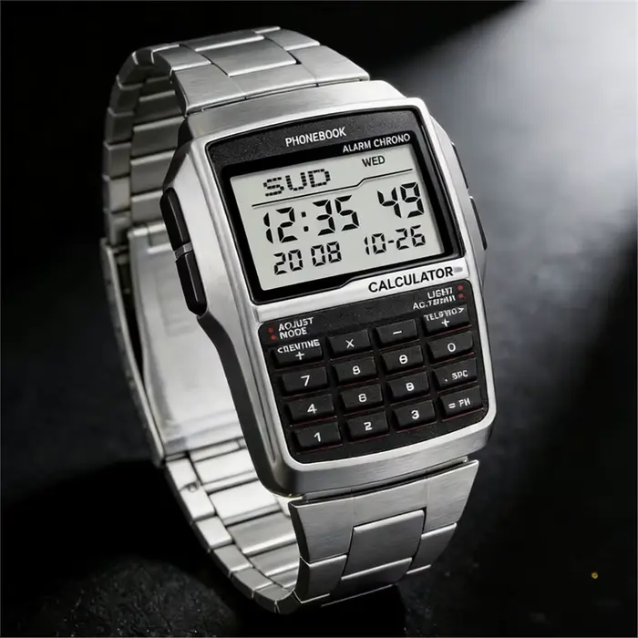 (DT80) Montre calculatrice en acier inoxydable, montre LED multifonction lumineuse, montre en alliag