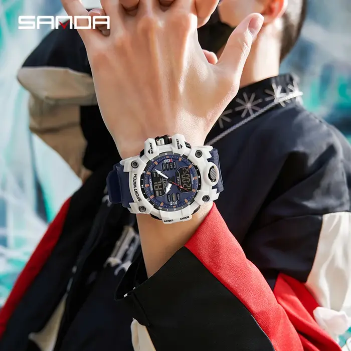 SANDA hommes montres de sport double affichage analogique numérique LED électronique