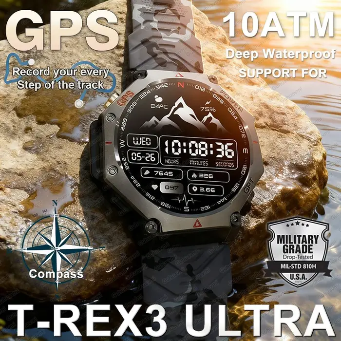 T-rex 3 Ultra militaire Grade GPS montre intelligente 10ATM étanche boussole altimètre barométrique AMOLED hommes HD appel sport Smartwatch