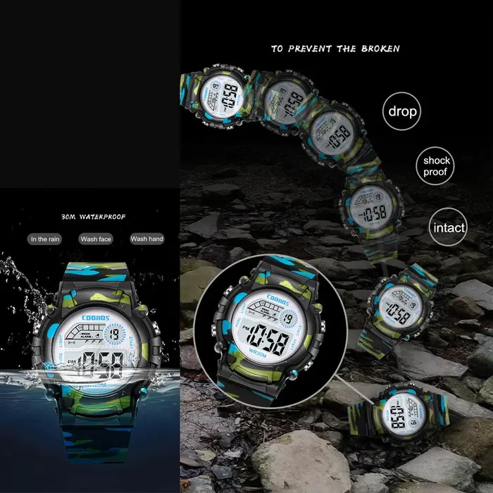 COOBOS enfants montre bleu marine Camouflage enfants montre Sport LED montre numérique étanche montres lumineuses pour étudiant garçons filles