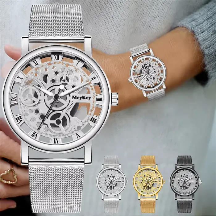 Top nouvelle mode femmes creux squelette Faux montre mécanique dames métal maille Quartz montres pour femme Relogio Feminino