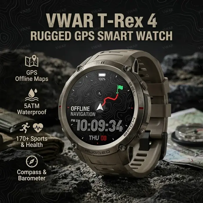 Nouvelle montre connectée GPS VWAR T-Rex 4 2026 avec cartes hors ligne, montre intelligente de sport militaire pour hommes, étanche 50m pour la natation, saphir, altimètre