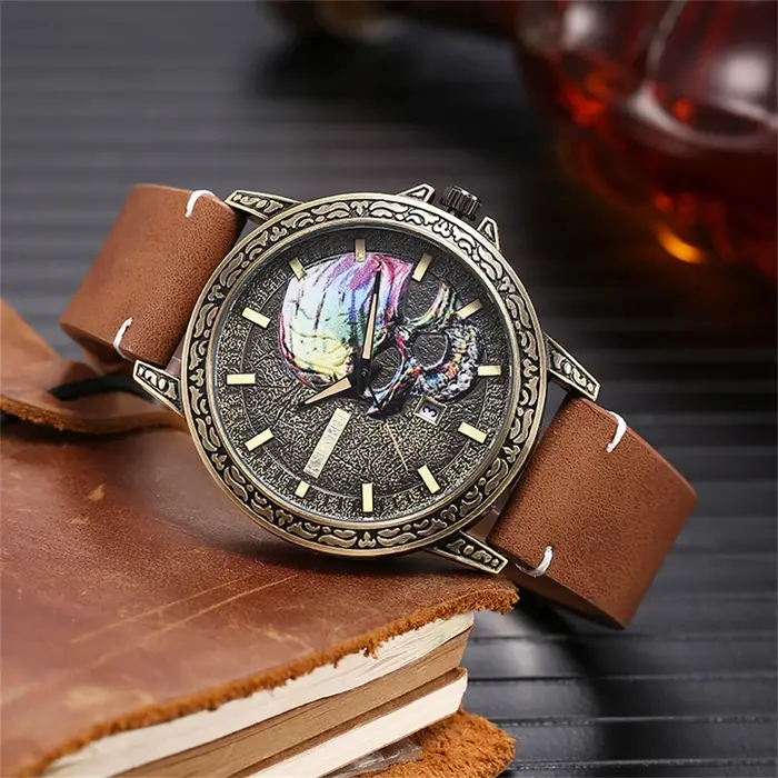 Cool hommes montre crâne visage conception mode acier bracelet en cuir rétro