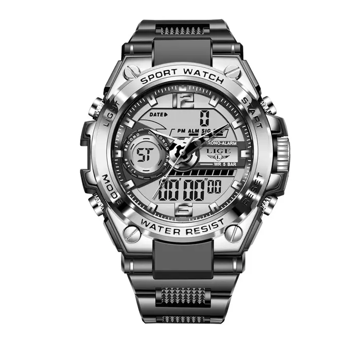 LIGE numérique hommes montre militaire 50m étanche montre-bracelet LED Quartz horloge Sport