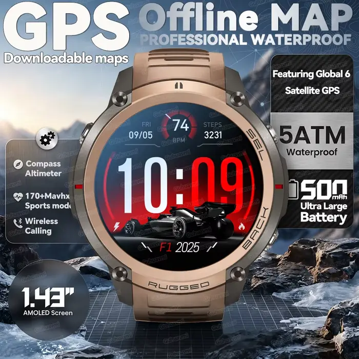 Nouvelle montre connectée GPS 2026 avec écran 1,43 pouces pour sports de plein air, cartes hors lign