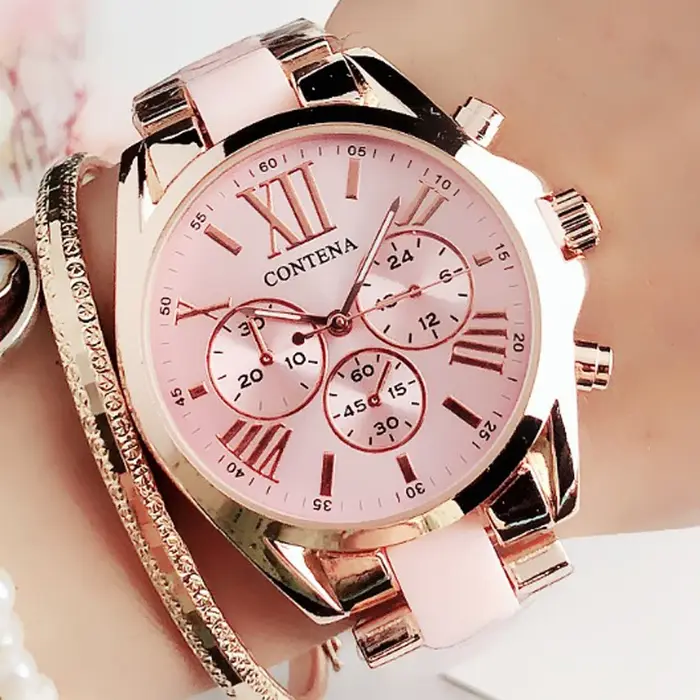 CONTENA femmes montres haut de gamme de luxe dames montre-bracelet or Rose Quartz mode montre en aci