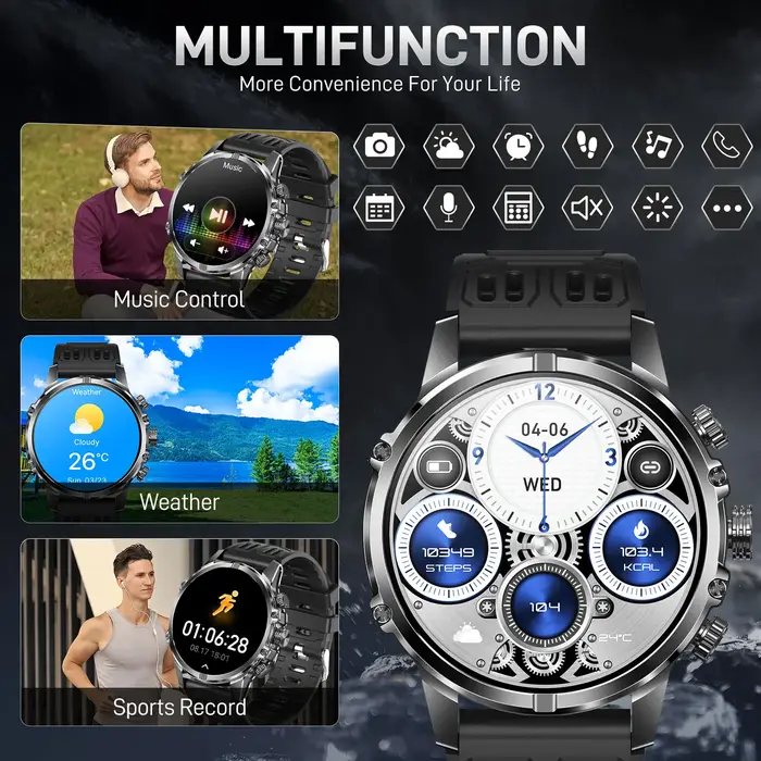 Montre connectée EIGIIS pour hommes, écran AMOLED de 1,75 pouces, batterie de 600 mAh, plus de 100 modes sportifs, montre de fitness avec moniteur de fréquence cardiaque