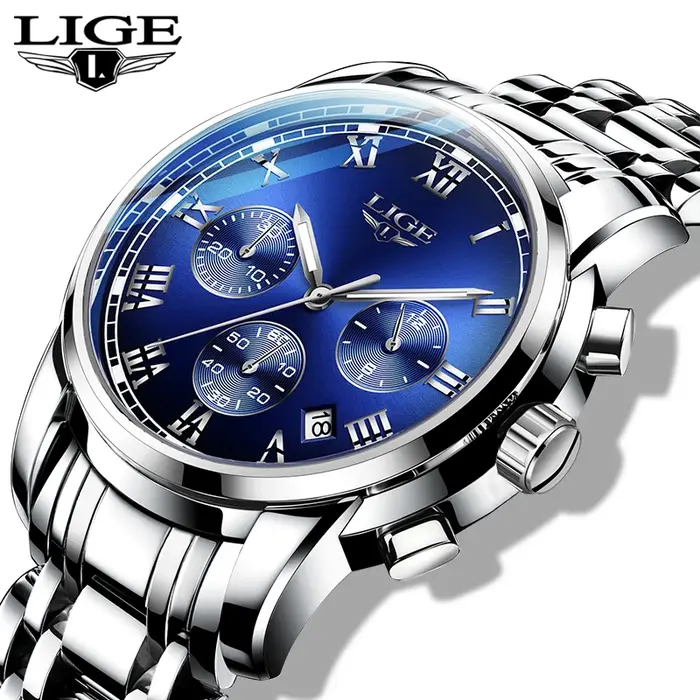 LIGE-Montre de sport à quartz étanche pour homme, montres chronographes décontractées, horloge entièrement en acier, marque supérieure, mode de luxe