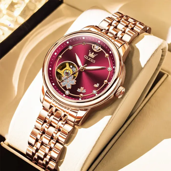Or Rose vin rouge luxe décontracté dames montre-bracelet étanche automatique mécanique femme montre élégante mode femmes montres