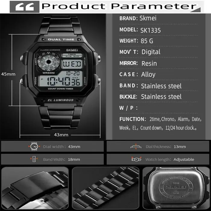 Skmei-Montre numérique en acier inoxydable pour homme