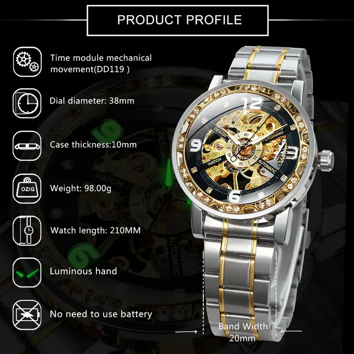 Forsining montres mécaniques de luxe aiguilles lumineuses montre squelette rétro en or pour hommes bracelet en acier