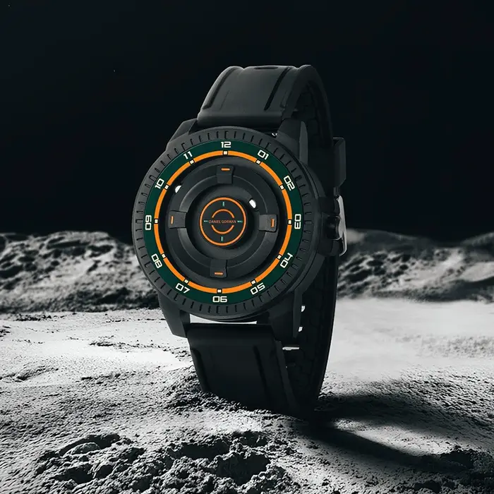 DANIEL GORMAN Designer Nightlight Montre homme en silicone noir Montre à quartz avec cadran circulaire unique Montre-bracelet magnétique en acier avec perles