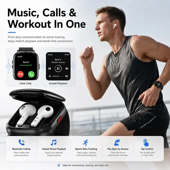 Montre connectée 2026 avec écouteurs sans fil 2-en-1, appels Bluetooth, assistant vocal IA, lecture de musique, suivi d'activité physique, compatible Android et iOS