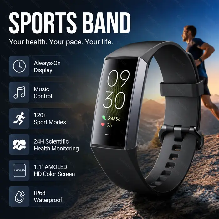 Montre connectée AMOLED avec affichage permanent, mesure de la pression artérielle et de la température, étanche IP68, tracker d'activité physique, charge USB, pour hommes et femmes