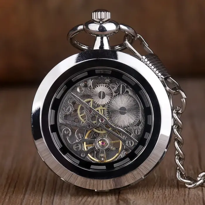 Montre de poche mécanique squelettée noire/argentée