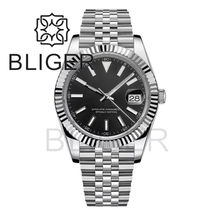 BLIGER 36mm/39mm montre DJ pour hommes lunette cannelée verre saphir étanche en acier inoxydable fermoir Glidelock cadran lumineux Sunburst