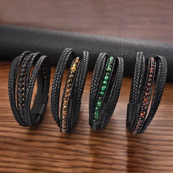 Bracelets classiques en pierre naturelle et cuir microfibre pour hommes