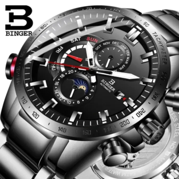 Véritable marque de luxe BINGER hommes montres automatique mécanique lumineux entièrement en acier é