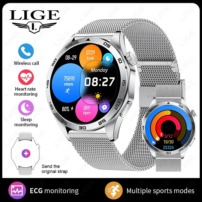 LIGE nouveau surveillance ECG Bracelets de santé Bluetooth appel contrôle de la musique hommes montres intelligentes sport Fitness Smartwatch caméra à distance