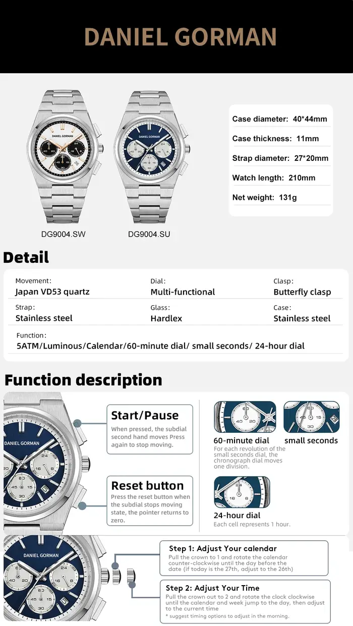 J'aime vraiment cette montre chronographe 40 mm avec cadran panda, mouvement à quartz, étanche 5 bars, bracelet en acier inoxydable, cadeau Daniel Gorman.