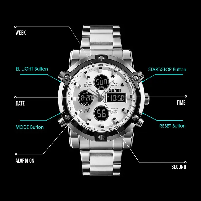 SKMEI 1389 Bracelet montre-Bracelet horloge montre à Quartz numérique hommes trois fois étanche