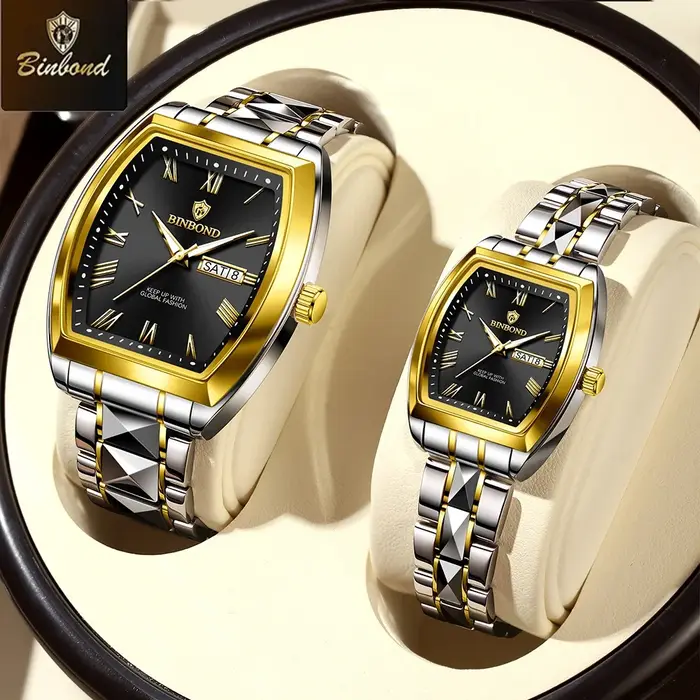 BINBOND 2 pièces Couple montres mode carré montre à Quartz pour amoureux étanche lumineux Date semaine hommes dames Valentine montre-bracelet